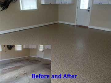 A before and after of an epoxy garage floor coatings project.