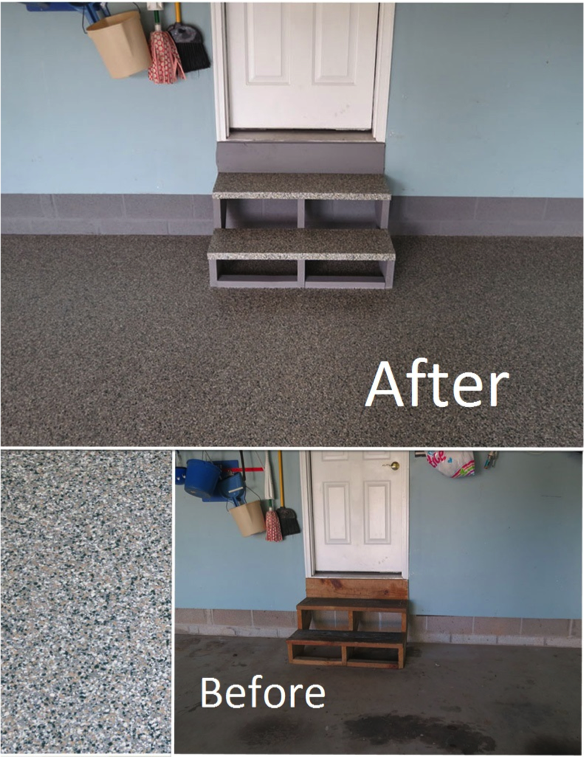 Before and after of professional garage floor coatings.