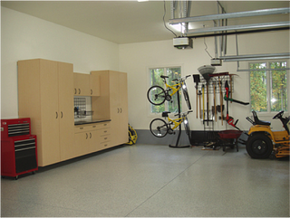 Garage floor coatings add to a large, functional garage.