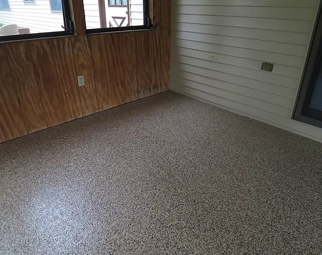 Decorative chip epoxy patio, porch, and sunroom floor coatings