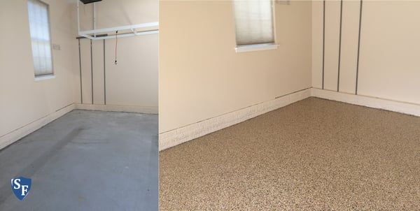 A before and after image of our decorative chip coatings.