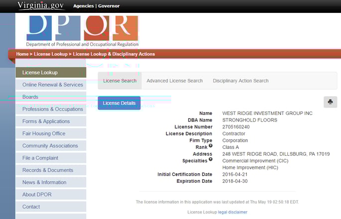 Stronghold Floors' contractors license search in Virginia.