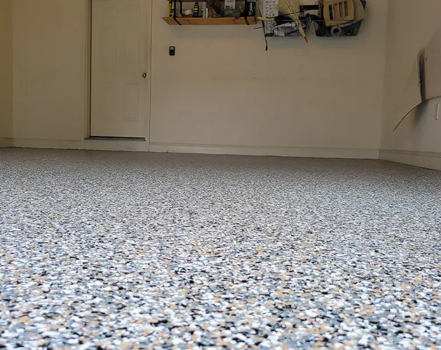 A decorative chip, epoxy floor coating in Mechanicsburg, Pennsylvania.