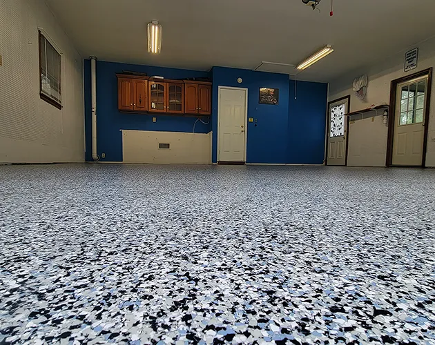 A decorative chip flake garage floor coating in Mechanicsburg, Pennsylvania.