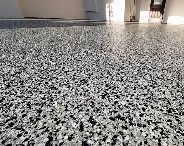 A decorative chip, epoxy floor coatings project in Camp Hill, Pennsylvania.